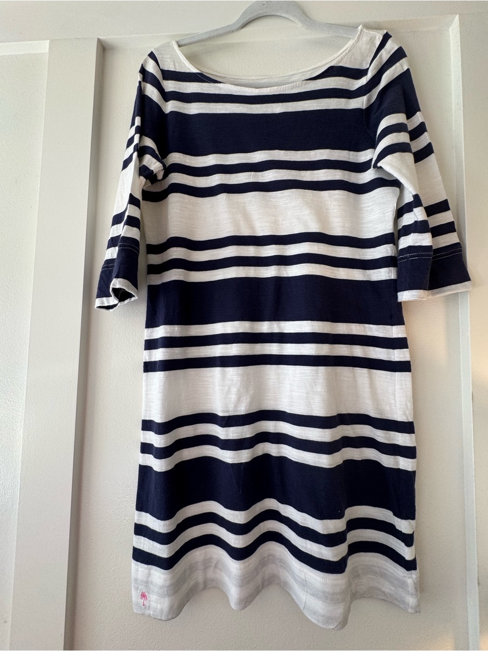 Lilly Pulitzer 100% Cotton Navy and White Striped Boatneck Midi DressSize Medium